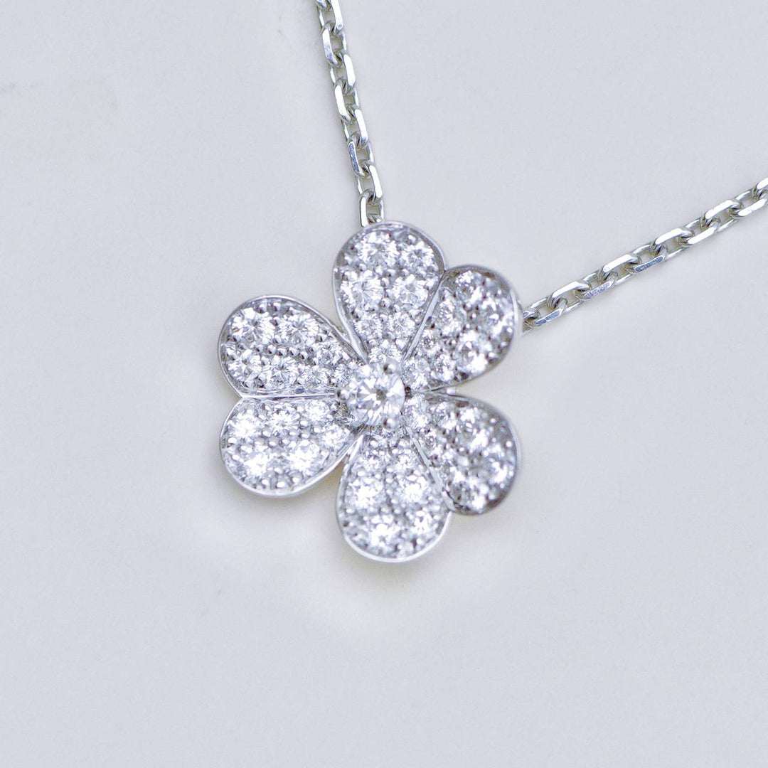 Second Hand Authentic Full set Van Cleef Frivole Pavé Diamonds 18K White Gold Pendant Small Model