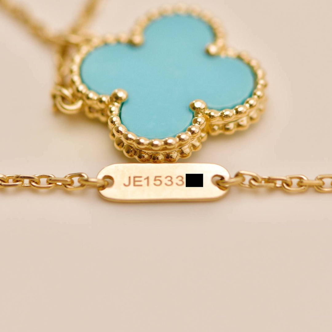 Used Van Cleef & Arpels Turquoise 18K Yellow Gold Vintage Alhambra Pendant Necklace
