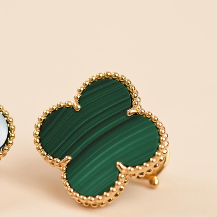 Preowned Authentic VCA Magic Alhambra Malachite Earrings 18K Yellow Gold