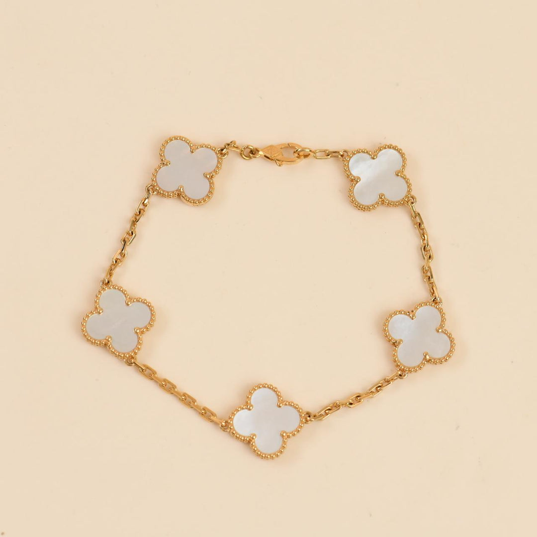 Van Cleef & Arpels Vintage Alhambra 5 Motif Mother of Pearl Bracelet 18K Yellow Gold