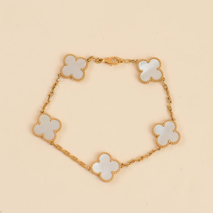 Van Cleef & Arpels Vintage Alhambra 5 Motif Mother of Pearl Bracelet 18K Yellow Gold