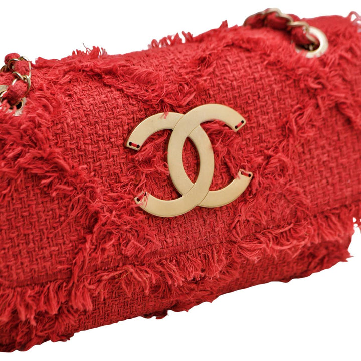 Preowned Chanel Nature Flap Bag Red Fringe Tweed Medium