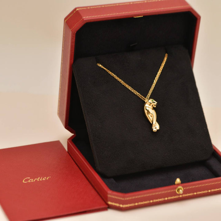 Preowned Authentic Cartier Panthère Tsavorite Onyx 18K Yellow Gold Pendant Necklace