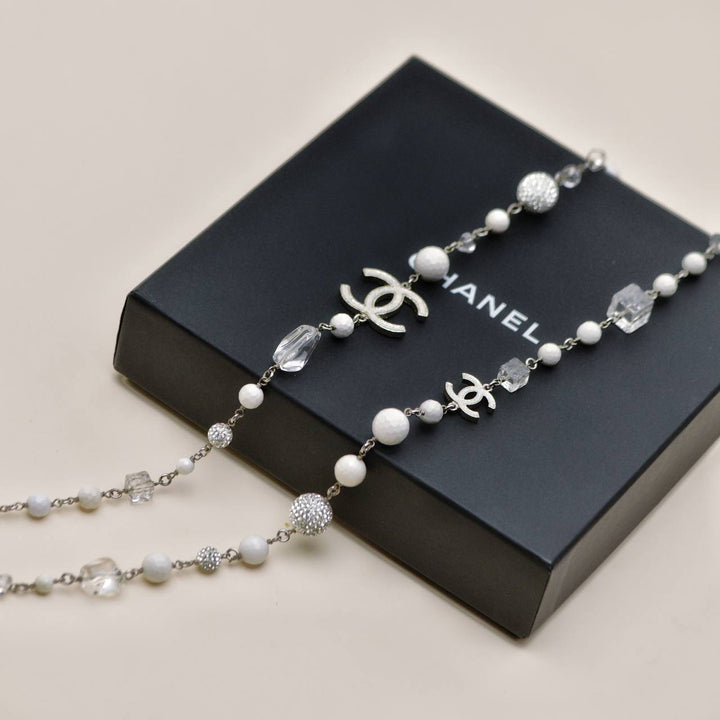 Preowned Authentic Chanel CC Crystal Pearl & Cube Long Necklace