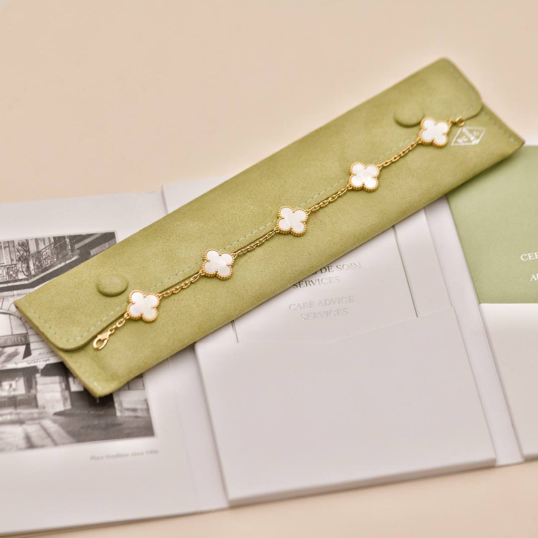 Preowned Authentic Van Cleef & Arpels Vintage Alhambra 5 Motif Mother of Pearl Bracelet 18K Yellow Gold
