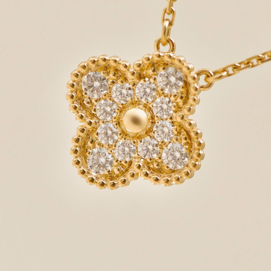 Authentic Preloved VCA Vintage Alhambra Necklace Pavé Diamond 18K Yellow Gold