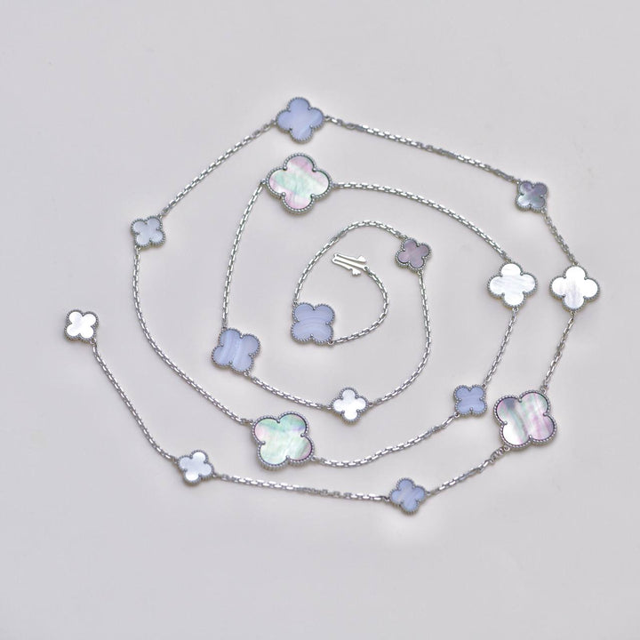 Preloved Authentic Full set Van Cleef Magic Alhambra 16 Motif Necklace in Chalcedony and Mother of Pearl