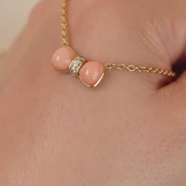 Second Hand Authentic Van Cleef & Arpels Coral & Diamond Bow Pendant Necklace 18K Yellow Gold