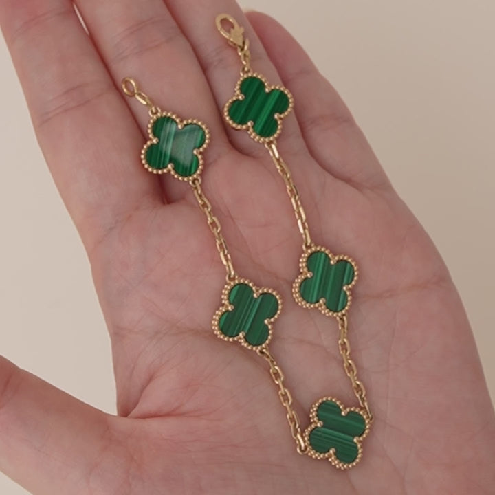 Van Cleef & Arpels Vintage Alhambra 5 Motif Malachite Bracelet 18K Yellow Gold