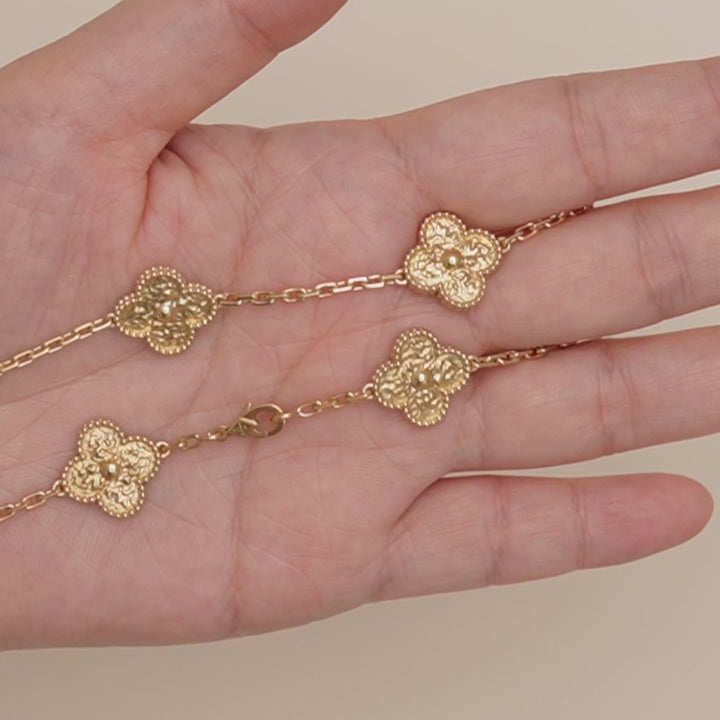 Preloved Authentic Full set VCA Vintage Alhambra 10 Motif Hammered Necklace 18K Yellow Gold