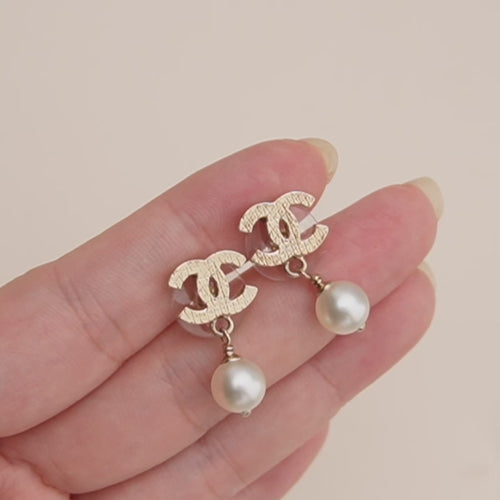 Preloved Chanel CC Faux Pearl Quilted Gold Tone Drop Earrings
