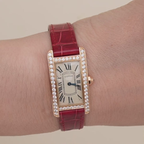 Second Hand Authentic Cartier Tank Américaine Small Model Diamond 18K Rose Gold Ladies Watch WB707931