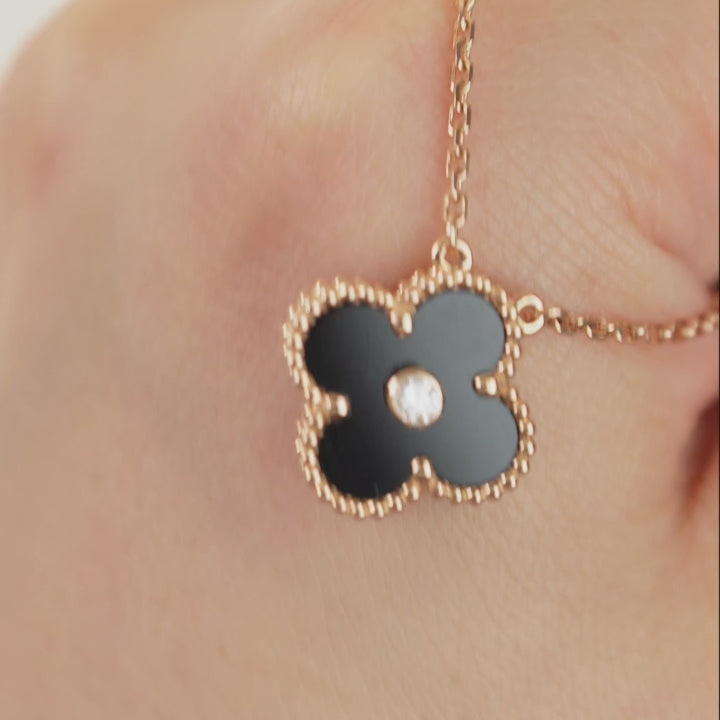 Preloved VCA Vintage Alhambra Onyx 18K Rose Gold 2016 Holiday Pendant Necklace