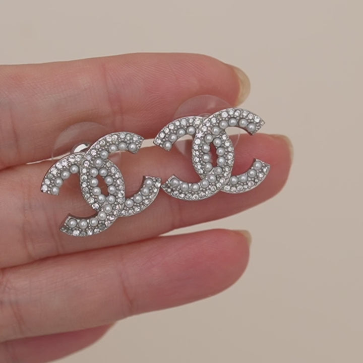 Second Hand Authentic Chanel CC Faux Pearls Crystal Stud Earrings