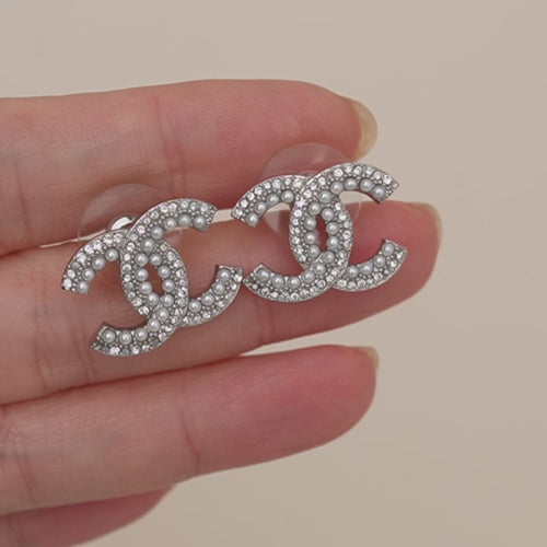 Second Hand Authentic Chanel CC Faux Pearls Crystal Stud Earrings