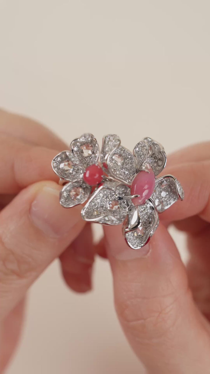 Natural Conch Pearl Diamond Flower Ring in 18K White Gold