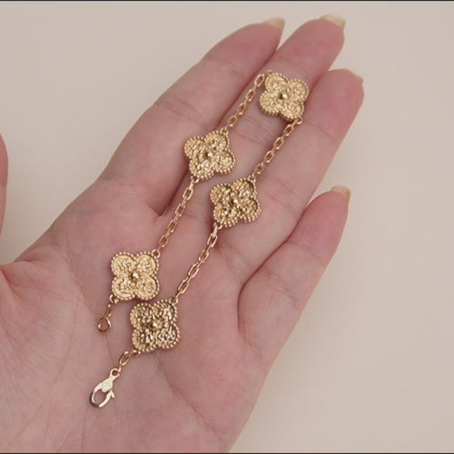 Used Van Cleef & Arpels Vintage Alhambra Hammered 18K Yellow Gold 5 Motif Bracelet