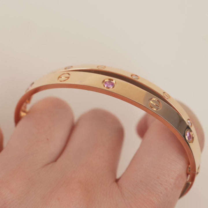 Used Cartier Love Diamond Pink Sapphire 18K Rose Gold Double Bracelet Size 17