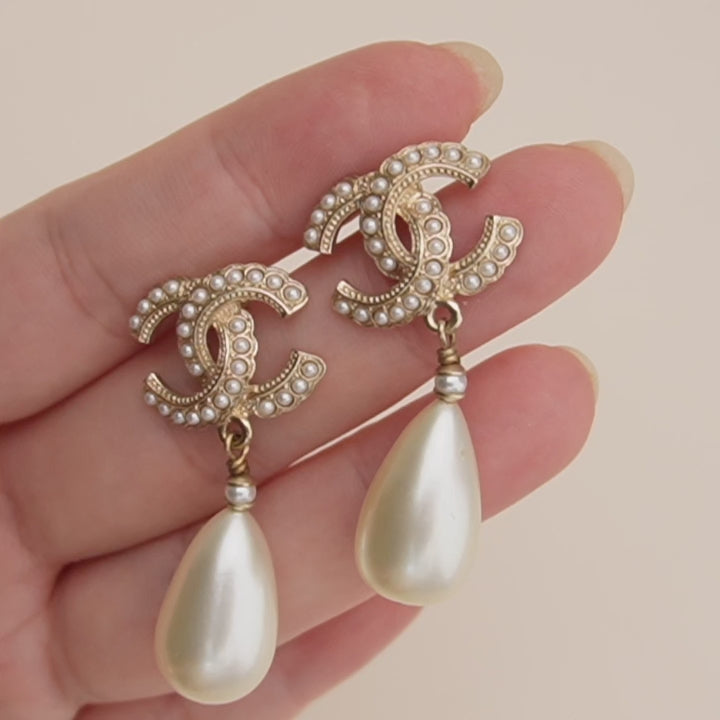 Preloved Chanel CC Drop Gold Metal Faux Pearl Earrings