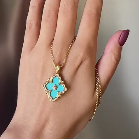 Preowned Buccellati Opera Tulle Turquoise Limited Edition Big Motif 18K Yellow Gold Pendant Necklace