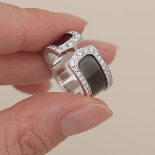Authentic Cartier C de Cartier Diamond Enamel Ring 18K White Gold 
