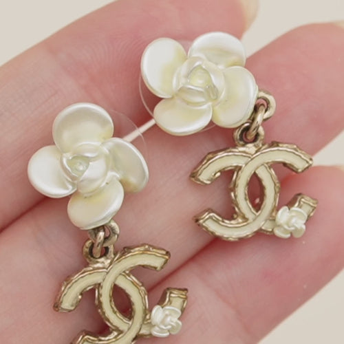 Preloved Chanel CC Collection White Gold Enamel Floral Drop Earrings