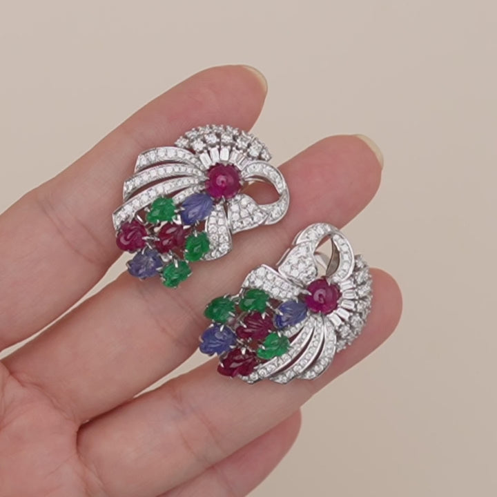 Tutti Frutti Ruby, Emerald & Sapphire Carved Gemstone Diamond Clip Earrings in White Gold