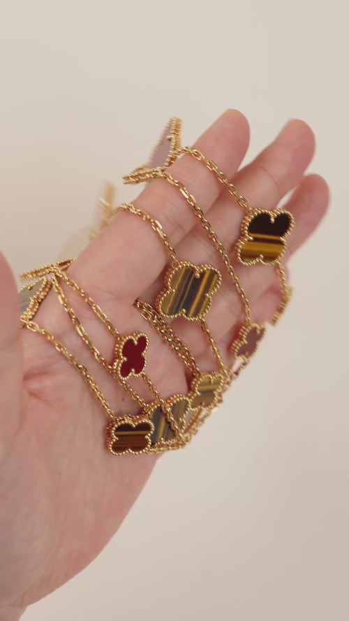 Second Hand Van Cleef & Arpels Magic Alhambra 16 Motif Carnelian Tiger's Eye 18K Yellow Gold Necklace