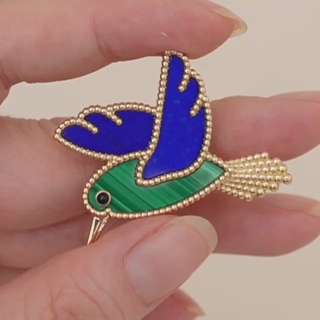 Second Hand Authentic Van Cleef & Arpels Lucky Animals Hummingbird Brooch Lapis Malachite
