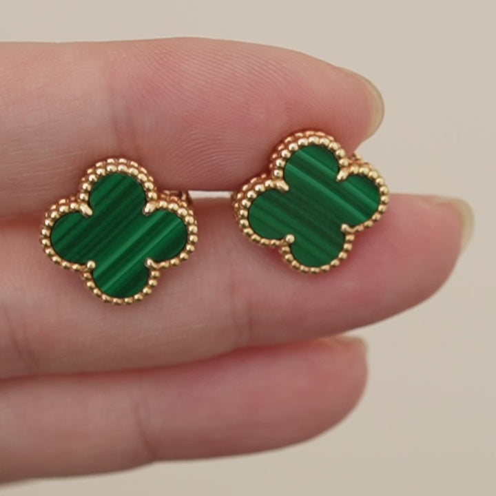 Full set Authentic Second Hand Van Cleef & Arpels Vintage Alhambra Malachite Earrings 18K Yellow Gold