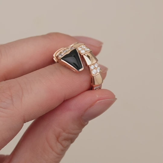Authentic Bvlgari Serpenti Viper One Coil Onyx & Diamond 18K Rose Gold Ring Size M