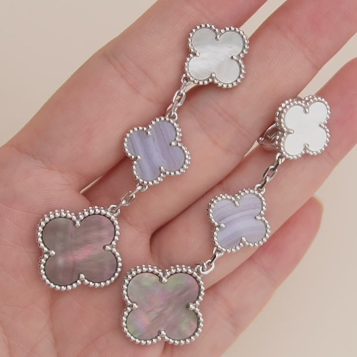 Preloved VCA Magic Mother of Pearl and Chalcedony 18K White Gold 3 Motif Earrings
