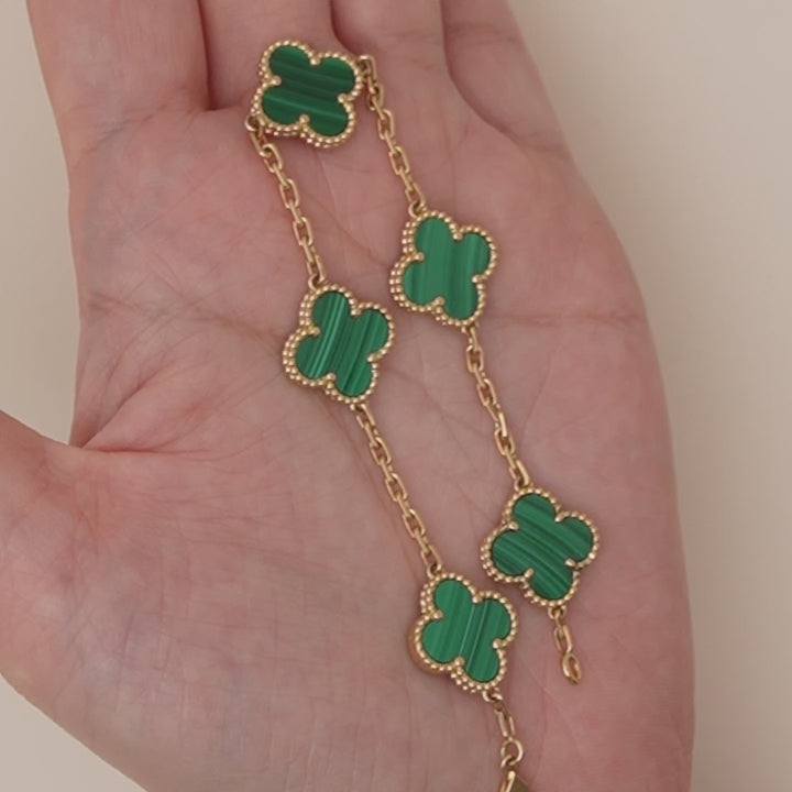 Van Cleef & Arpels Vintage Alhambra 5 Motif Malachite Bracelet 18K Yellow Gold