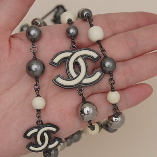 Chanel CC Grey Faux Pearl & Ruthenium-Tone Long Sautoir Necklace