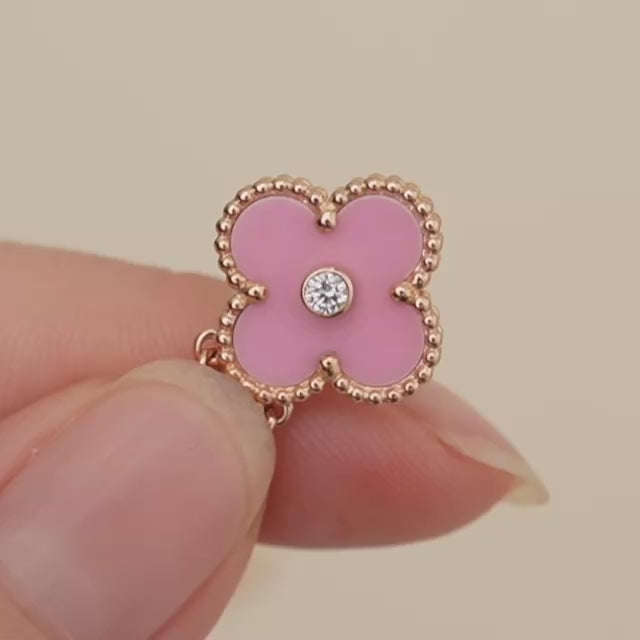 Second Hand Van Cleef & Arpels Vintage Alhambra Diamond Pink Sèvres Porcelain 2015 Holiday Pendant