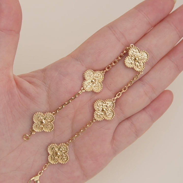 Used Van Cleef & Arpels Vintage Alhambra Hammered 18K Yellow Gold 5 Motif Bracelet