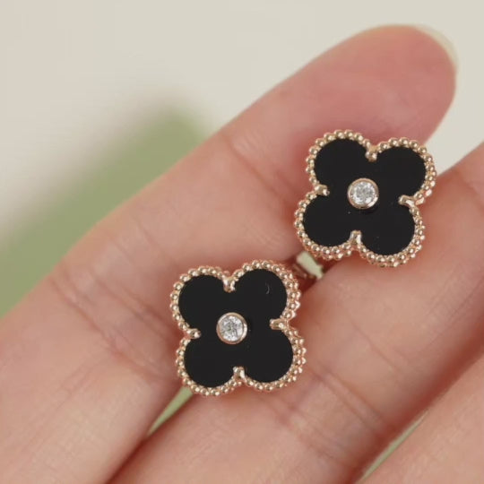 Preloved Van Cleef & Arpels Vintage Alhambra Diamond Onyx Earrings