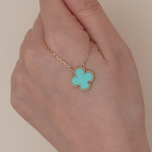 Authentic Preowned Full set VCA Turquoise 18K Yellow Gold Vintage Alhambra Pendant Necklace