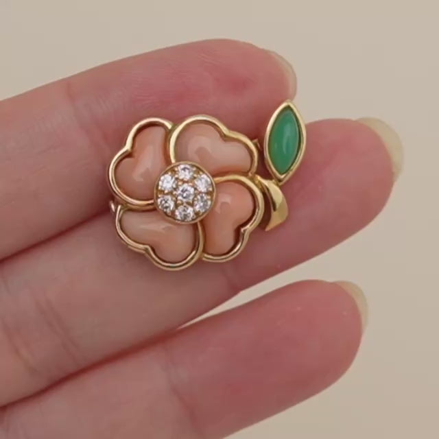 Preowned Authentic Van Cleef & Arpels Vintage Coral Diamond Flower Brooch