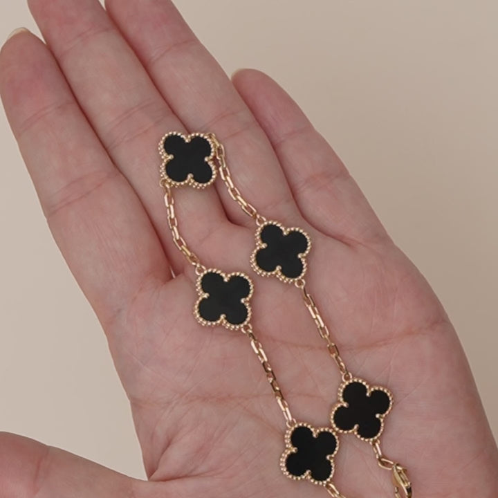 Preloved Van Cleef & Arpels Vintage Alhambra Onyx 5 Motif Bracelet 18K Yellow Gold