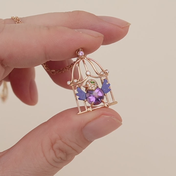 Second Hand Authentic Full set Cartier Free As A Bird Necklace Diamond, Amethyst, Lapis Lazuli & Peridot, 18K Rose Gold