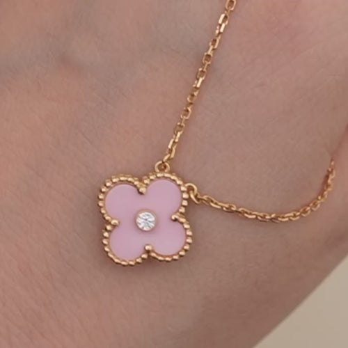 Second Hand Authentic Van Cleef & Arpels Alhambra 2015 Holiday Diamond Pink Sèvres Porcelain Pendant