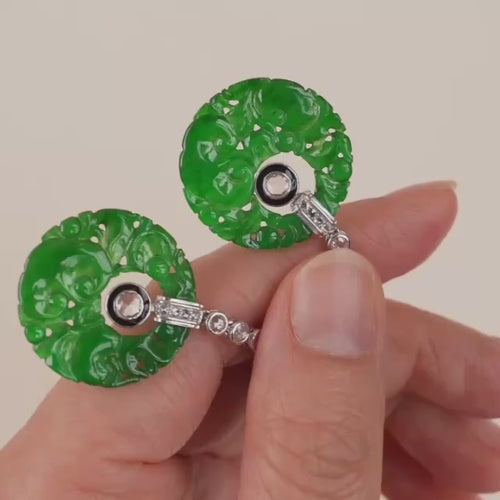 Used Carved Jadeite Diamond Onyx 18K White Gold Earrings