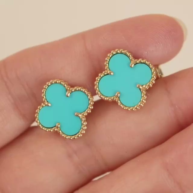 Preowned Authentic VCA Vintage Alhambra Earrings Turquoise 18K Yellow Gold