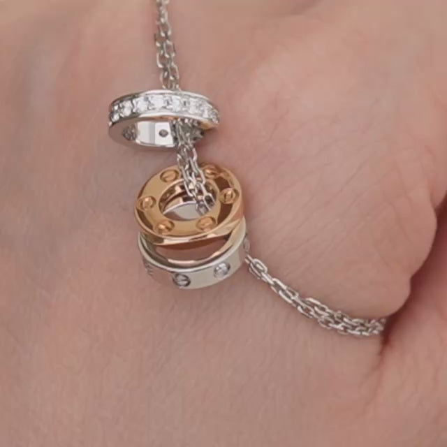 Second Hand Authentic Cartier Love Necklace Three Hoop Diamond 18K Rose White Gold