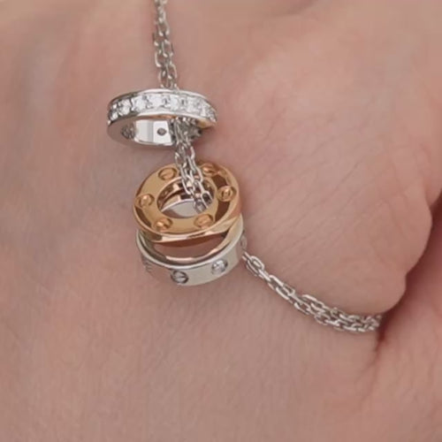 Second Hand Authentic Cartier Love Necklace Three Hoop Diamond 18K Rose White Gold