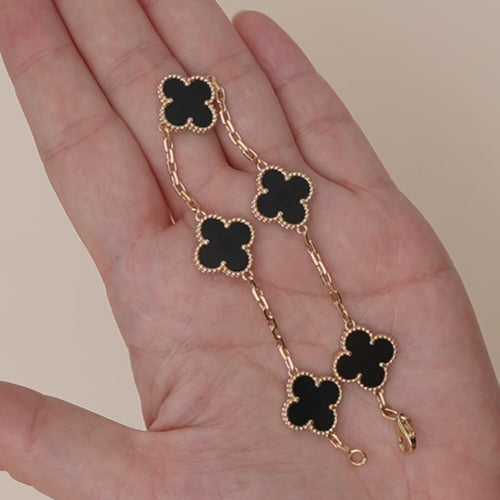 Second Hand Authentic Full set Van Cleef & Arpels Vintage Alhambra Bracelet 5 Motif Onyx 18K Yellow Gold
