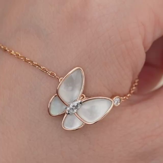 Second Hand Authentic Van Cleef & Arpels Two Butterfly Pendant Diamond Mother of Pearl