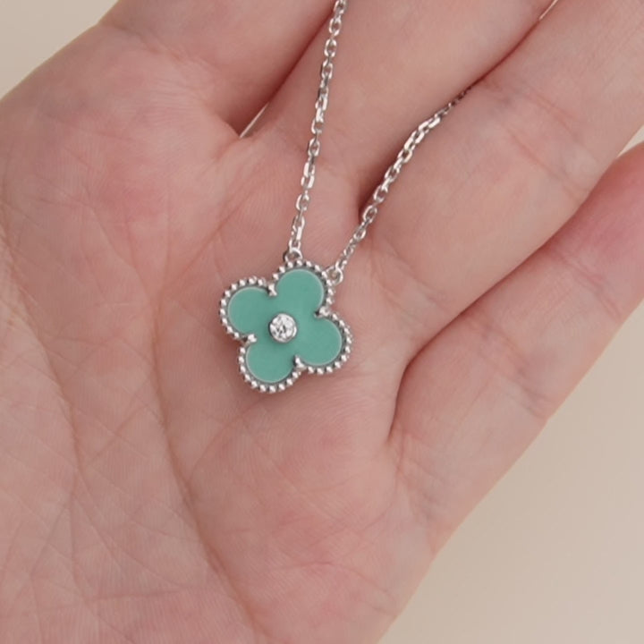 Used VCA Vintage Alhambra 2022 Holiday Diamond Blue Celadon Sèvres Porcelain Pendant Necklace