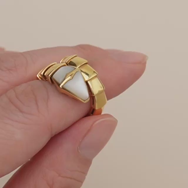 Preowned Authentic Bvlgari Serpenti Viper Ring Mother Of Pearl 18K Yellow Gold Size M